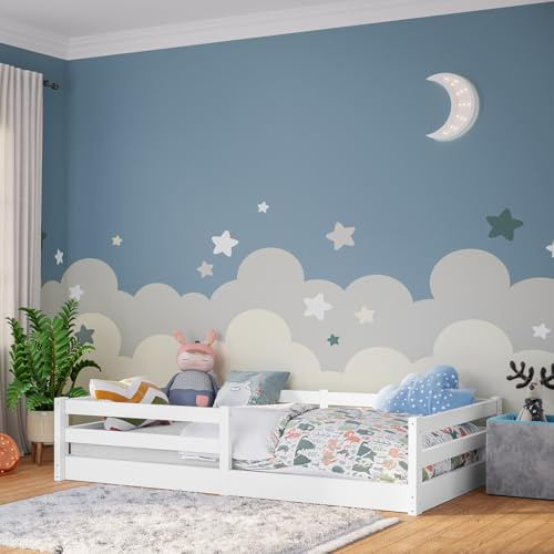Bellabino Iskri Montessori Bodenbett 120x200 cm, Weiß, mit Rausfallschutz | Kinderbett mit Lattenrost, Holzbett aus Kiefer Massivholz, für Jungen & Mädchen, Kleinkindbett, Jugendbett, Kinderzimmer