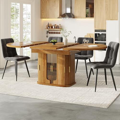 Kelodan Mesa de comedor redonda extensible ovalada extensible de 118 a 158 cm para 6 personas, puertas de cristal, color nogal