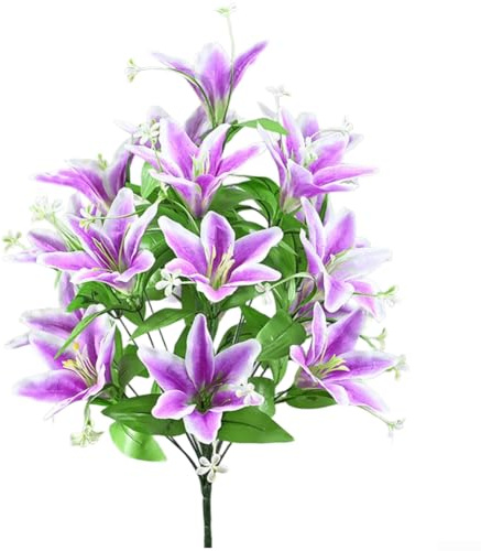 Bouquet di giglio artificiale a 18 teste in plastica e seta per una lunga durata per la decorazione della casa, festa di nozze e fotografia in studio (viola)