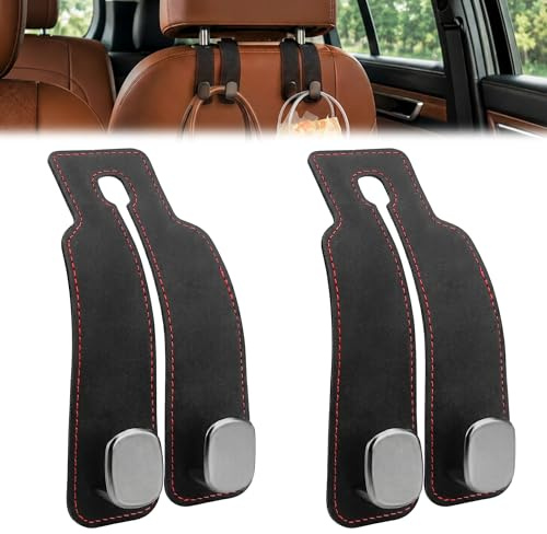2 Stück Auto Kopfstützen Doppelhaken, Autositz Taschenhalter aus Leder | Kopfstützenhaken Rückenhaken für Handtaschen, Geldbörsen & Einkaufstaschen 16 x 8.5 x 4.5cm