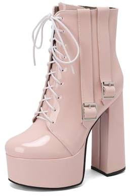 TNMIUH Botas con Plataforma para Mujer, Botines con Cordones y Tacón Ancho Grueso, Botas de Combate de Charol con Doble Hebilla, Zapatos de Fiesta Negro, Rosa, Blanco,Rosado,42 EU