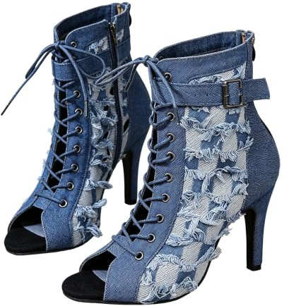 Stivali da donna in denim con tacco alto, con lacci, aperti sul davanti, stile casual