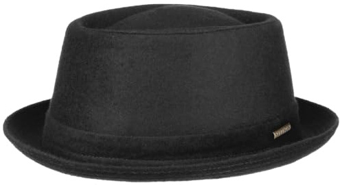 Stetson Wool Pork Pie Hut Herren Damen Made in Italy Fedora mit Schurwolle Baumwollfutter Krempe Herbst Winter schwarz 60 cm