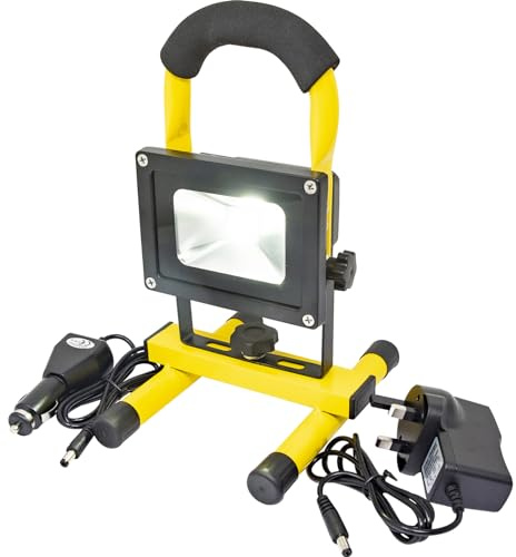 10w Cob Rechargeable Work Light | Portable Led Flood Light, 250 Lumens, 3.7 Volt, Waterproof Cordless Workshop Job Site Construction Lighting For Camping, Fishing With Mains & Car Charger
