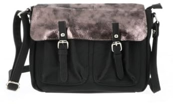 Double Tree Sac Bandoulière Femme Rabat - Sacoche Cartable Porté Epaule Bimatière Brillant - Besace Messenger Fourre-tout Taille Moyen - Simili Cuir Souple - Chic Elégant Tendance - Noir