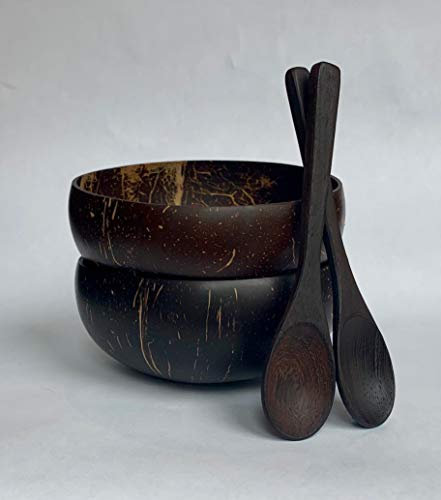 Marasol Cuencos de coco con cucharas, 2 unidades, totalmente naturales, veganos, cuencos para batidos, acai, embalaje listo para regalo, ecológicos, cero residuos, hechos a mano