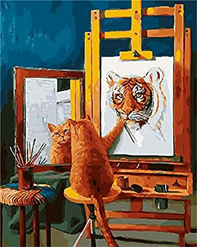 Meecaa Måla efter siffror katt tiger spegel ritningskit för vuxna nybörjare gör-det-själv oljemålning 40 x 50 cm (katt, ingen ram)