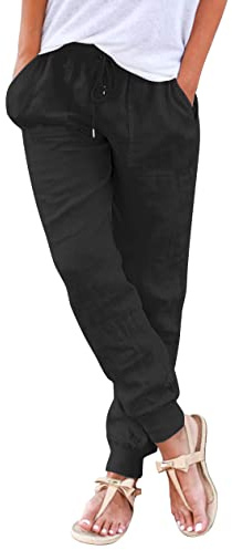 Hose Damen Sommer Casual Baumwolle Leinen Stoffhose Einfarbig Freizeithose Stretch Leicht Leinenhose Straight Leg Hose und Taschen (Z Schwarz, L)