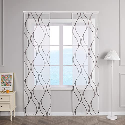 ESLIR Schiebegardinen Set 2er Flächenvorhänge Voile Gardinen mit Klettband Schiebevorhang Transparent Wohnzimmer Modern mit Wellen Muster Braun BxH 57x175cm 2 Stück