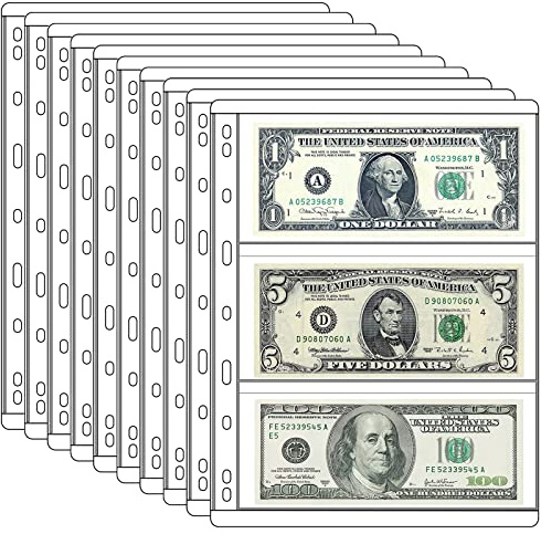 3 Pocket Paper Money Collection Supplies Pages, 10 Sheets Currency Collecting Book Album Sleeves with Standard 9 Hole for Coin Binder, Coin Collection Supplies Pages for Stamps Invitations Receipt