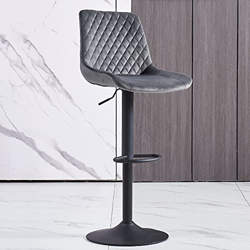 AINPECCA Height Adjustable Bar Stools Set of 1- Velvet Exterior Breakfast Barstools with Black Matte Steel Gas Lift and Footrest for Home Kitchen, Pub, Island Counter, Outdoor (Grey)