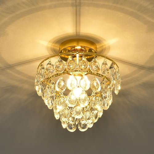 Pageone Modern Kleine Kristall Deckenleuchte Gold Flur, Mini-Kristall Flurlampe Decke Deckenlampe, Ø25cm Kristalllampe Deckenleuchte Kronleuchter, für Schlafzimmer Küche (Gold)