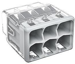 WAGO Conector de empalme compacto, para conductores sólidos y trenzados, máx. 4 mm², 6 conductores, Cubierta gris, Temperatura del aire circundante, max 85°C (T85), 4,00 mm², transparente, 2773-406