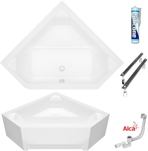 ECOLAM Badewanne IRMA 140x140 cm Schürze | Eckwanne Fünfeckform Eckbadewanne + Verkleidung I Ablaufgarnitur Füße Silikon Komplett-Set Acryl weiß