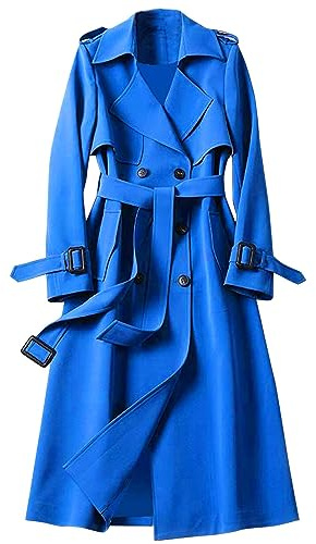 EMUKFD Trench lungo da donna con cintura leggero doppiopetto spolverino trench 2023 cappotto alla moda classico capispalla colletto con risvolto giacca a vento cappotto invernale autunno, Blu, 4XL