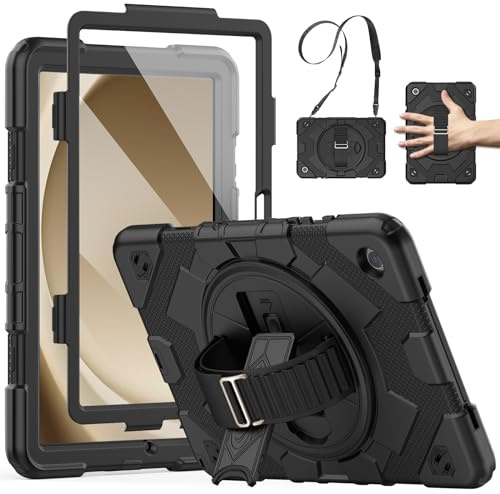 SEYMCY for Samsung Galaxy Tab A9 Plus Case 11 inch 2023, Screen Protector, Rotating Hand Strap & Stand, Shoulder Strap, Full-Body Shockproof Cover for Samsung A9+ Plus Tablet, Black