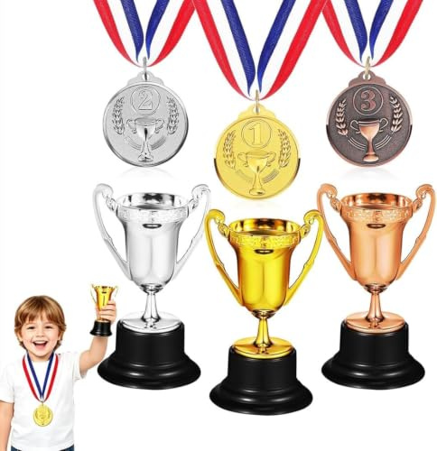 Toddmomy Trophy and Medals Set, Gold Cup Trophy with Ribbon Necklaces, Football Sports Day Awards Prize Pack for Kids, Winner Tournament Celebration Decor, Trophies, Medals & Awards Bundle | Lightweight Plastic Football Trophy & Trophy Medals Kit for School Event Competitions, Party Games & Sports Club