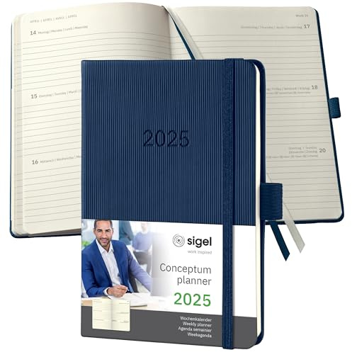 SIGEL C2563 Wochenplaner Wochenkalender 2025, ca. A6, dunkelblau, Hardcover, 176 Seiten, Gummiband, Stiftschlaufe, Archivtasche, aus nachhaltigem Papier, Conceptum
