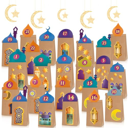 Ramadankalender zum Befüllen,30 Stück Ramadan Kalender Geschenktüten mit Dach,1-30 Digitale Aufkleber und Ramadan Sticker,Islam Eid Mubarak Kalender DIY Geschenktüten