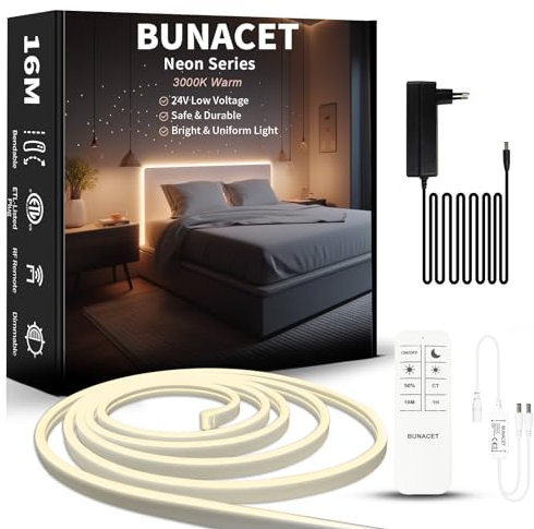 BUNACET Neon LED Strip Warmweiss 16M 24V, LED Streifen Dimmbar 3000K, Wasserdicht Neon Lichtband 960LEDs, Flexibel LED Band mit Fernbedienung und Netzteil, Silikon Lichtleiste für Innen Aussen, 2x8M