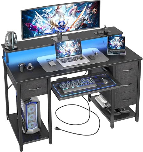 BEXEVUE Gaming Schreibtisch mit Steckdosen LED - 120x50cm Moderner Computertisch mit Tastaturablage, 4 Umkehrbare Schubladen, Großes Lagerregal zum Lernen Spielen Arbeiten Schlafzimmer Heimbüro