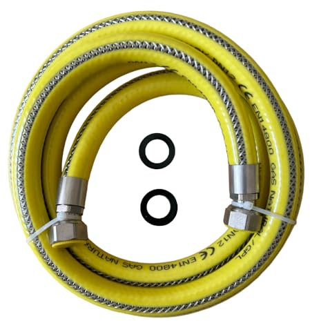 Tubo Gas Flessibile 2 Metri 1/2 FF Inox Giallo | Certificato EN 14800 | Per Cucina, Piano Cottura, Fornelli a Gas Metano o GPL | Guarnizioni in Gomma Incluse