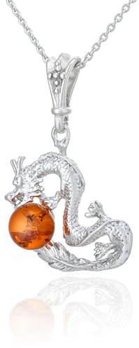 AMBEDORA Collar de dragón chino con bola de ámbar para mujer, plata de ley pulida, ámbar báltico en color coñac, colgante de plata con cadena, Plata esterlina, Ámbar
