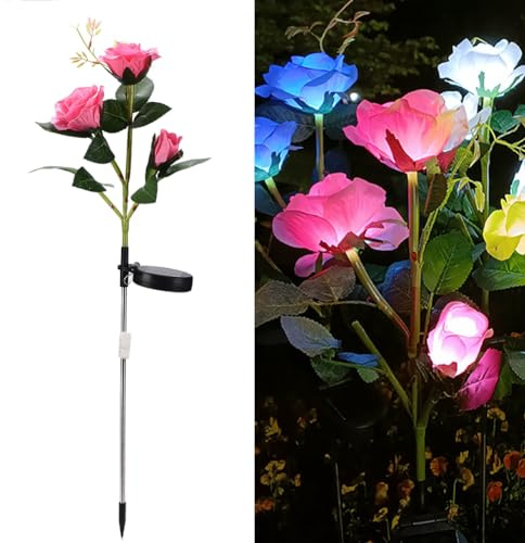 XhuangTech Solar Roses Flowers Lights Outdoor Garden Ornaments, IP55 Waterproof 3 Heads Rose Lights Flower Solar Stake Lights Outdoor Decor for Yard Lawn Patio Porch Fence Flowerbed Pathway (Pink)