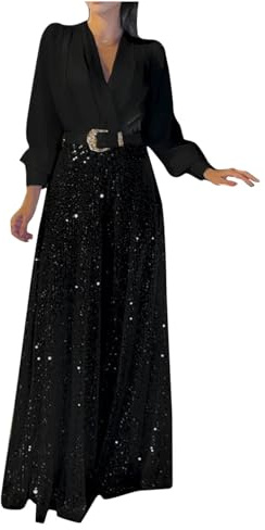 Damen Overall mit Pailletten Eleganter Glitzer Jumpsuit Party Einteiliges Outfit Hosenanzug Sale Playsuit mit Gürtel Romper Frauen Casual Sexy V-Ausschnitt Langarm Weites Bein Sommerhose Strampler