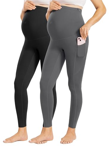 Enerful Womens Maternity Leggings with Pockets Workout Legging Pants Buttery Soft Pregnancy Active Wear Yoga Tights - 2pack Black/Gray - Medium