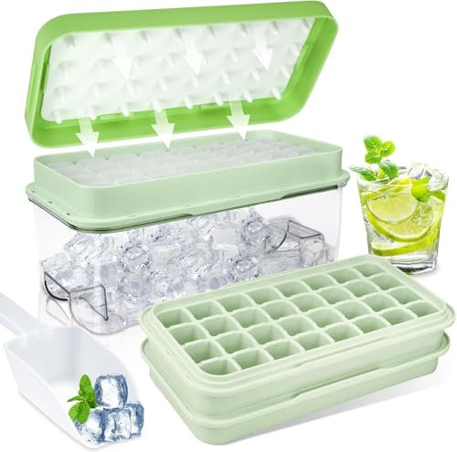 Ice Cube Tray with Lid, Large Square Ice Cube Maker 64 Pcs Ice Cubes with Storage Bin, Easy Release Ice Tray for Cocktail Whiskey, Ice Moulds 2 Trays 1 Ice Bucket & Scoop BPA Free (Green)