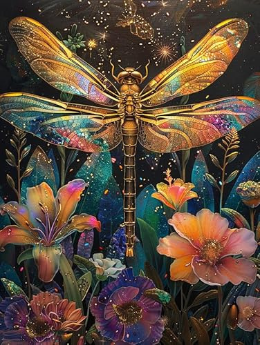 MOMAKA 5D Diamond Painting Kits Trollslända Blomma för vuxna, gör-det-själv 5D diamantmålningssatser Djur Full Drill for Beginners, Rund Borr DIY Crystal Picture Art for Home Wall Decor 30x40 cm