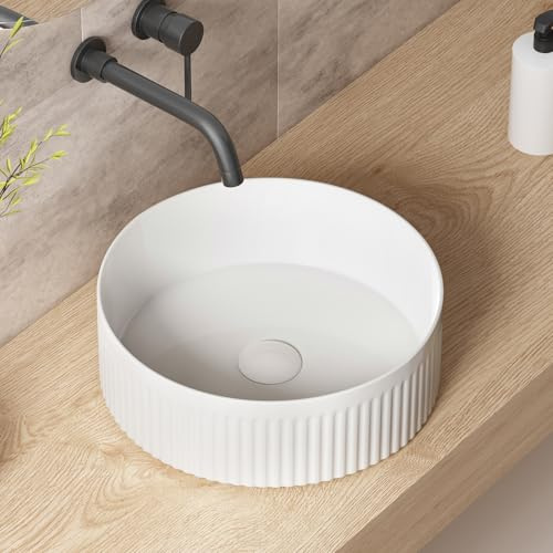 Small Bathroom Sink, OCEALAGOON 14 Inch Round Bathroom Sinks Above Counter, Porcelain Ceramic White Vessel Sink, Modern Sink, Sink Bowls for Bathroom Vanity Cabinet, RV Bathroom Sink, Art Wash Basin