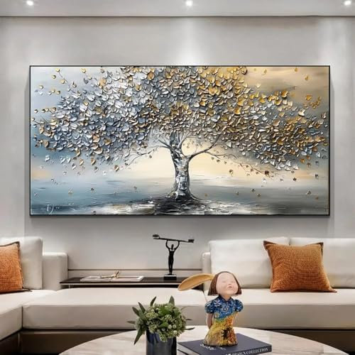 CHAOJIART Peinture à l'huile sur toile représentant un arbre de vie, grand format, abstrait, bleu, gris, en fleurs, décoration murale moderne pour salon, 40 x 80 cm, sans cadre