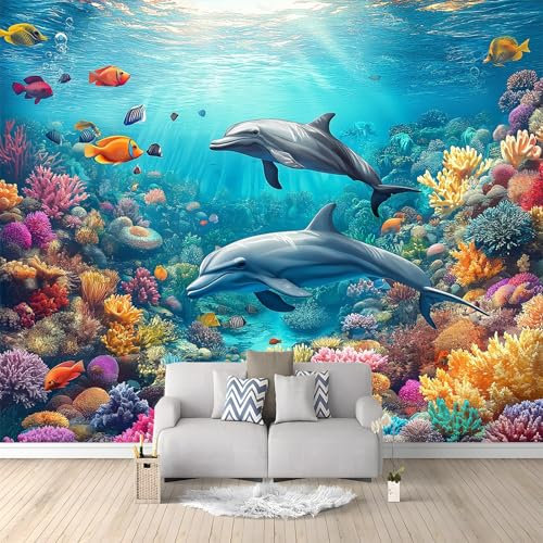Fotomurale Carta da parati Delfino Corallo 200x140 cm Fotomurali Murale Poster 3D Moderna, Carta da Parati Decora per Camera Letto, Soggiorno, Stanza dei Bambini