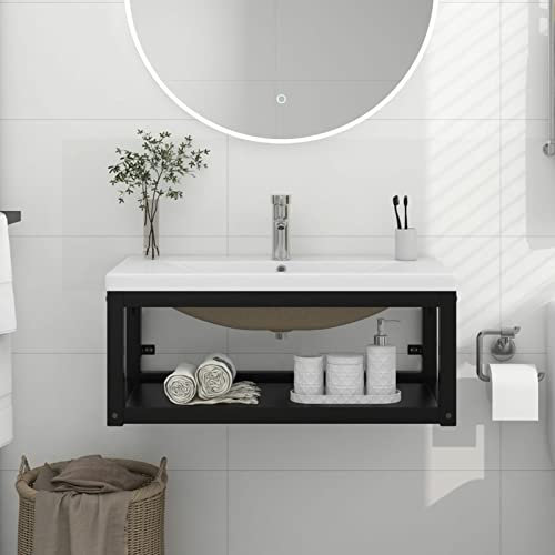 Lechnical Bathroom Washbasin Frame with Built-in Basin Black Iron,Bathroom Vanity Storage,Bathroom Washbasin Frame,Home Bathroom Washbasin Frame-3101384