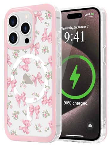 LCHULLE Cover per iPhone 15 Pro Max Magnetica Trasparente,Fiocco rosa | Compatibile con MagSafe,Custodia con Motivo Fragole o Fiocchi a Farfalla per Ragazze e Donne,Protettiva Silicone Case