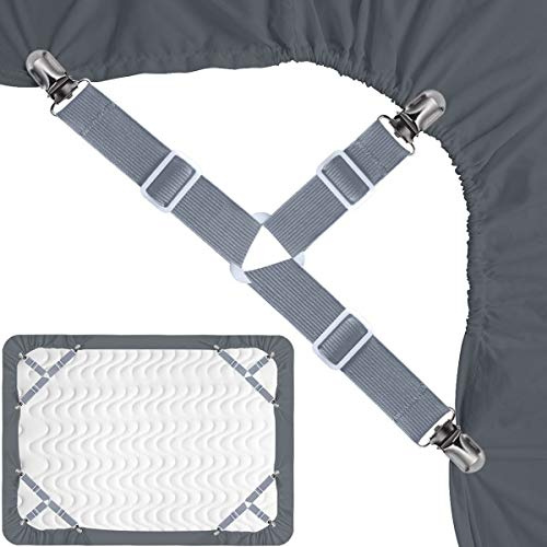 Bed Sheet Holders Straps Fasteners - 4 Pcs Triangle Sheet Fasteners Fitted Flat Sheet Corner Holder Elastic Adjustable Bed Band Sheet Holders Clip Suspenders Grippers(Grey)