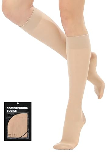 Evolyline Bas de compression pour homme et femme 18-22 mmHg Classe 1, bas de contention pour mollets, chaussettes de compression, bas de thrombose, soutien gradué œdème, Bout fermé beige, M