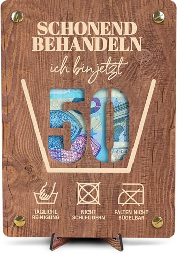 50 Geburtstag Geschenk - XL Geldgeschenk aus Holz inkl. Ständer | Schonend behandeln 50-50 Geburtstag Frauen, 50 Geburtstag Männer, 50 Geburtstag Karte, 50. Geburtstag Karte Lustig