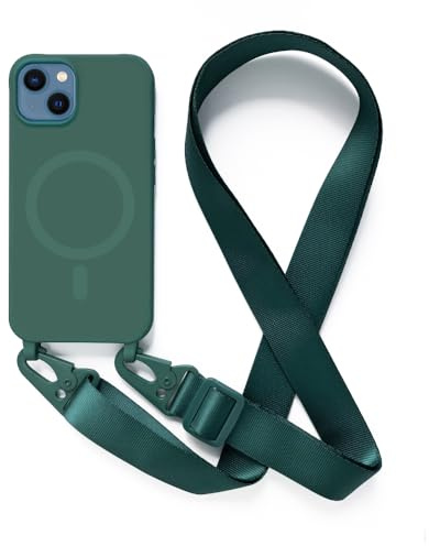 Leather Armor Handykette Hülle für iPhone 13(6.1) mit Band Halsband Lanyard (abnehmbar) Handyhülle, Verstellbarer Lanyard.Magnetisch Stoßfest Silikonhülle Wireless Charging kompatibel .-Grün