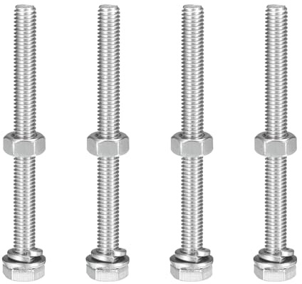 sourcing map M6 x 70mm Hex Head Screws Bolts, Nuts, Flat & Lock Washers Kits, 304 Stainless Steel Fully Thread Hexagon Bolts 4 Sets