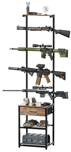 LAKEMID Indoor Gun Rack with Shelf and Drawer - Gun Display Stand, Gun Stand for Wall Mount, Floor Rifle Rack Guns Storage Organizer Rifle Holder Hunting Gun Shelf(69.7 H)