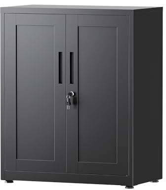 LVSTEEL Armadio Multifunzionale con Serratura, Armadietto 2 Ante, Armadio Ufficio, Dotato di 2 Ripiani Regolabili in Altezza, Nero, 91.5×75×40 cm
