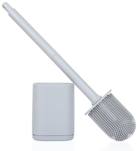 Cozary Escobillas De Baño,Escobilla Baño Silicona, Cerdas Gruesas, Material TPR, Montaje Mural O sobre El Piso, Instalación Sin Orificios para Facilitar La Limpieza (Gris, 1 Pieza)
