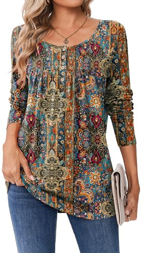 Zeagoo Long Sleeve Tops for Women Loose Fit Pleated Floral Tunic Shirts Crewneck Fall Dressy Casual Blouses XXL