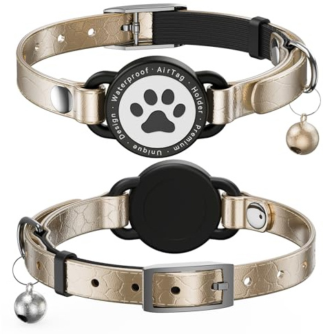 Airtag-Katzenhalsband aus Leder, wasserdicht, AirTag-Halter mit Metallschnalle, bequeme, glänzende Katzen-Tracker-Halsbänder mit Glocke für Mädchen, Jungen, Katzen, Kätzchen und Welpen