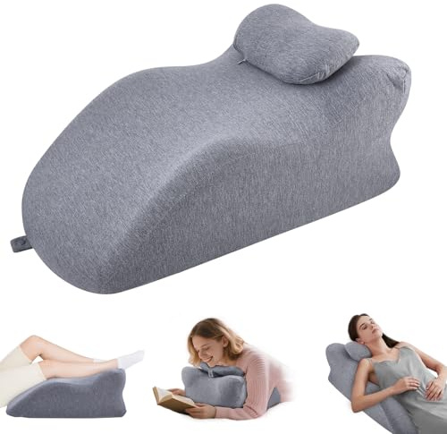 Bed Wedge Pillow, Ergonomic Memory Foam Sleeping Support Pillow with Headrest, Incline Triangle Orthopaedic Cushion for Sleep Apnea, Acid Reflux, Back Pain, Snoring, Leg Elevation with Washable Cover