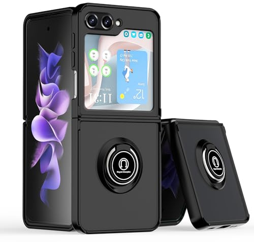 ELISORLI Phone Case for Samsung Galaxy Z Flip 6 5G 2024 Translucent Matte with Tempered Glass Screen Protector Finger Ring Rotating Stand Magnetic Car Mount Cover ZFlip6 Z6 G Flip6 6Z Women Men Black