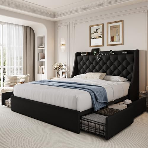 AMBERHAUS Queen Size Upholstered Platform Bed Frame with 4 Storage Drawers and Charging Station, Linen Button Tufted Wingback Headboard, Sturdy Wooden Support Slats, No Box Spring Needed, Black